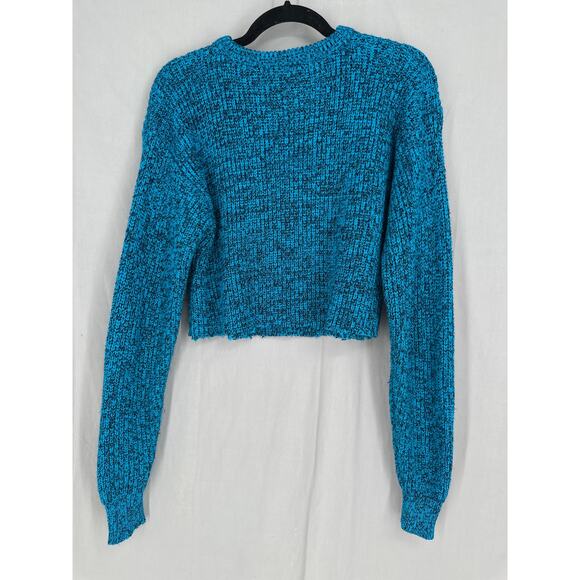 90s Vintage Sweater Womens Small Turquoise Blue Cropped Crew Neck Pullover - Picture 3 of 6